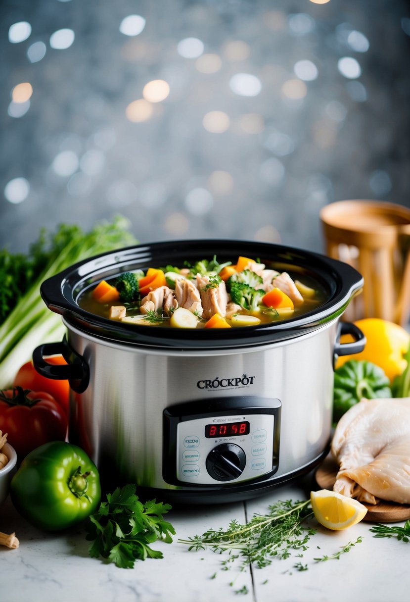 A crockpot surrounded by fresh ingredients like chicken, vegetables, and herbs, ready to be prepared for a delicious meal