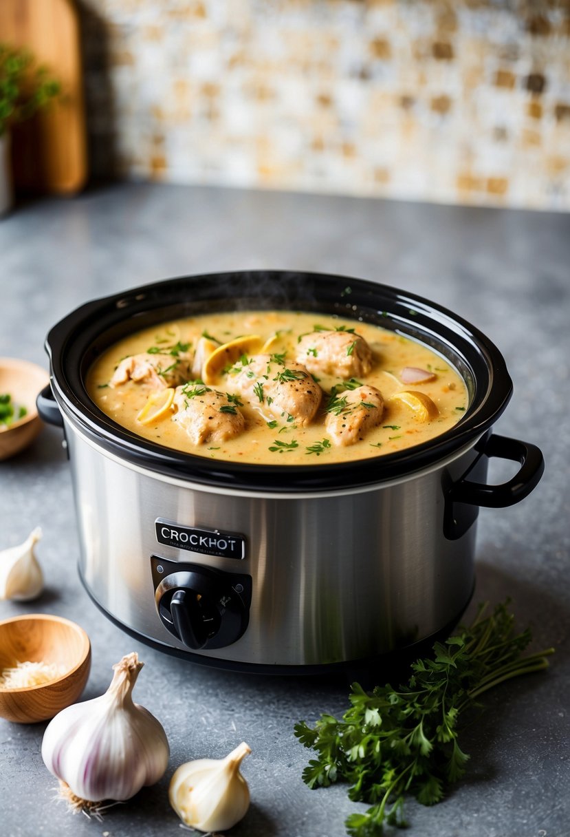 A crockpot filled with creamy chicken and savory sauce simmers on a kitchen counter. Onions, garlic, and herbs are scattered around the pot