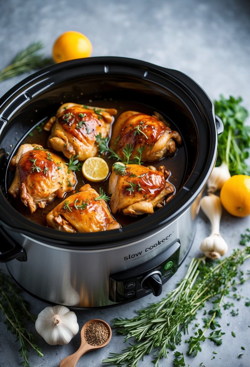 A slow cooker filled with honey garlic chicken surrounded by fresh herbs and spices