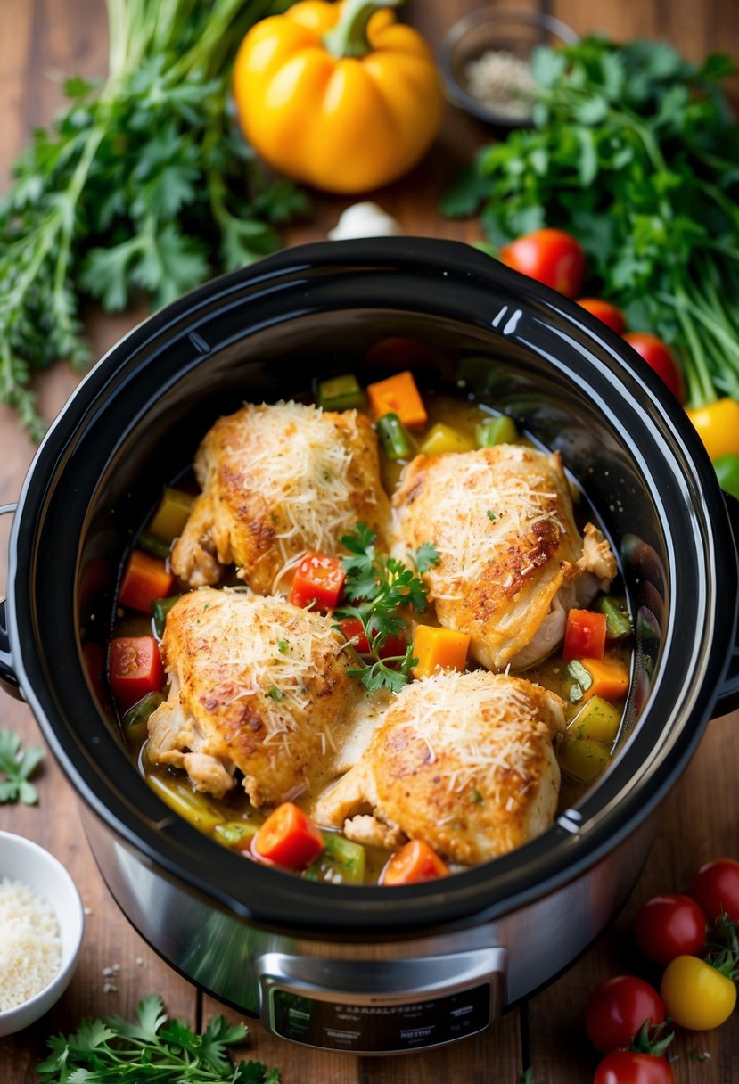 A crockpot filled with tender, Parmesan-coated chicken, surrounded by a medley of colorful vegetables and herbs, emitting a mouthwatering aroma