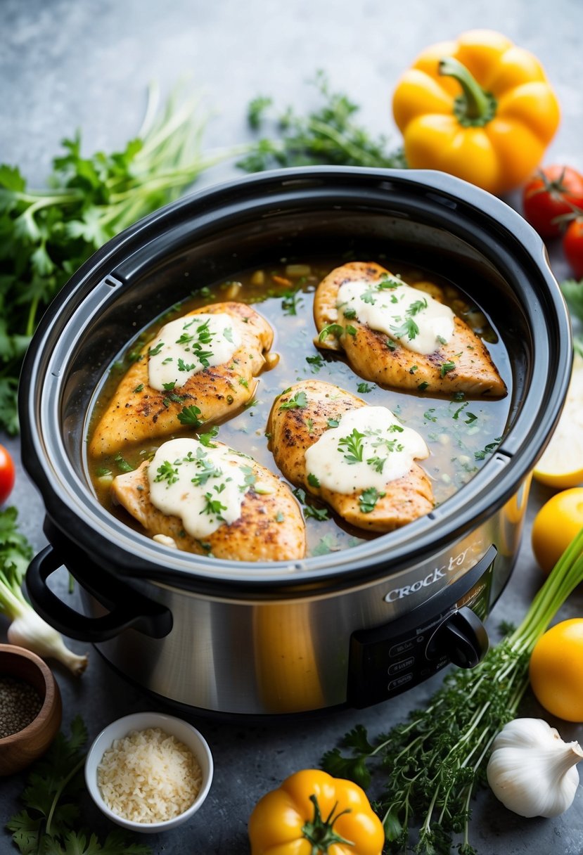 A crockpot filled with chicken breasts and Italian dressing, surrounded by fresh herbs and vegetables