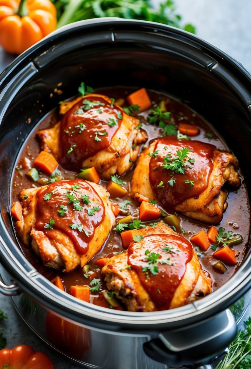 A crockpot filled with chicken thighs smothered in rich, tangy barbecue sauce, surrounded by colorful vegetables and aromatic herbs