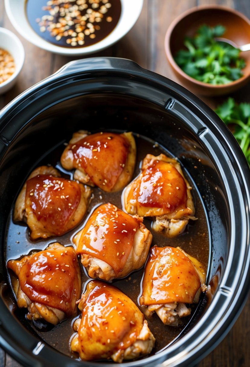 A crockpot filled with tender, glazed chicken thighs, simmering in a rich brown sugar and soy sauce marinade