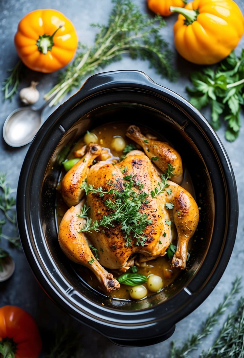 A crockpot filled with Tuscan chicken surrounded by fresh herbs and vegetables