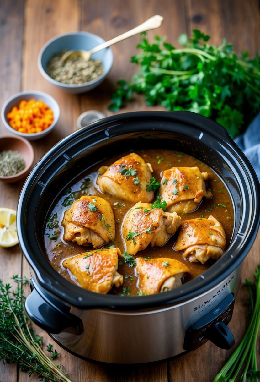 A slow cooker filled with tender chicken pieces in a rich, savory gravy, surrounded by aromatic herbs and vegetables