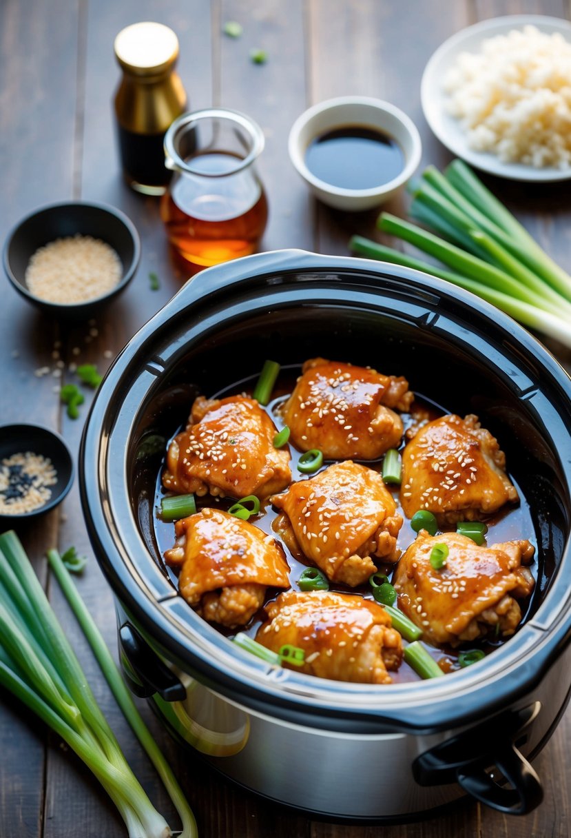 A crockpot filled with sesame chicken cooking, surrounded by ingredients like soy sauce, sesame seeds, and green onions