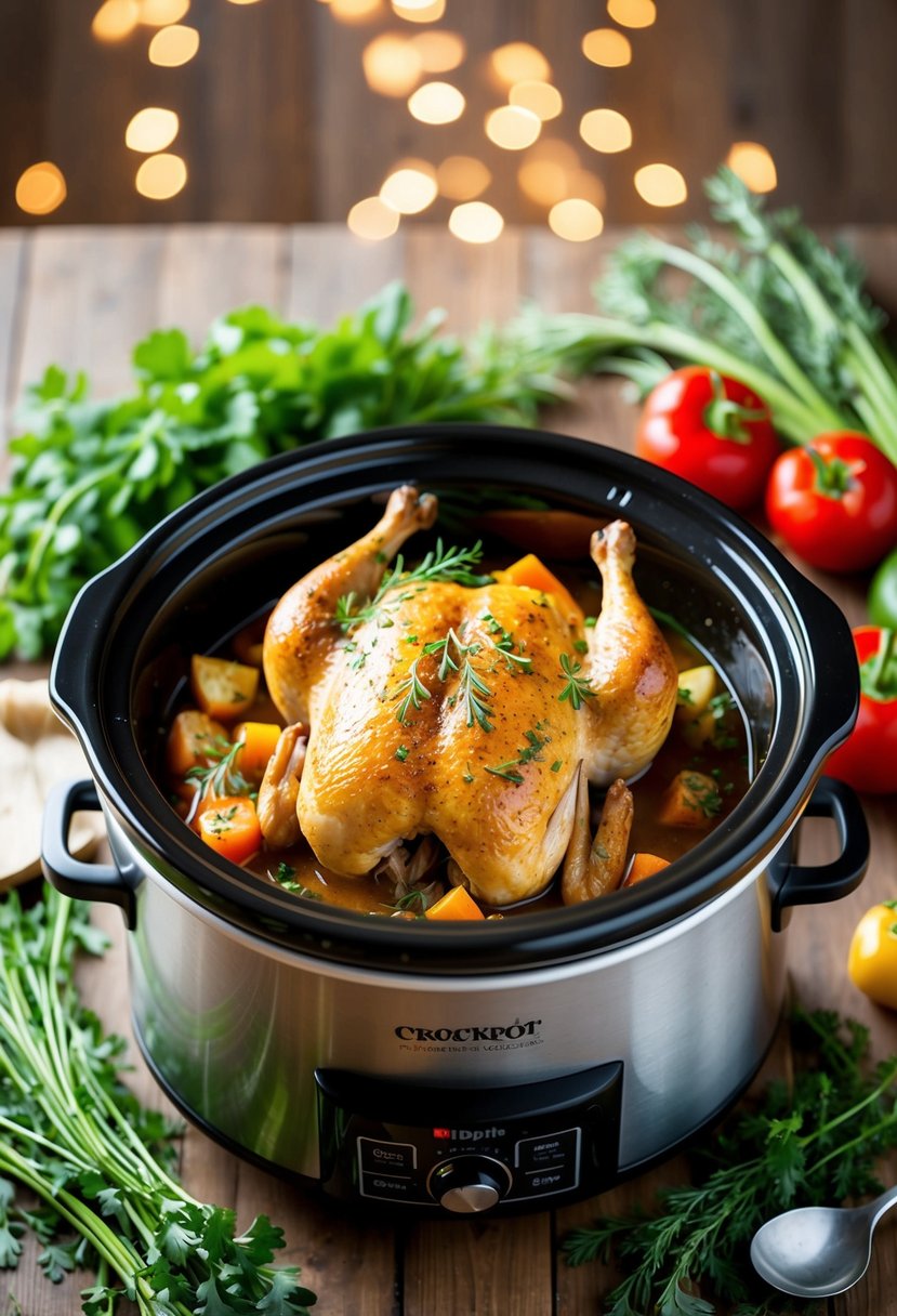 A crockpot filled with heavenly chicken, surrounded by fresh herbs and vegetables