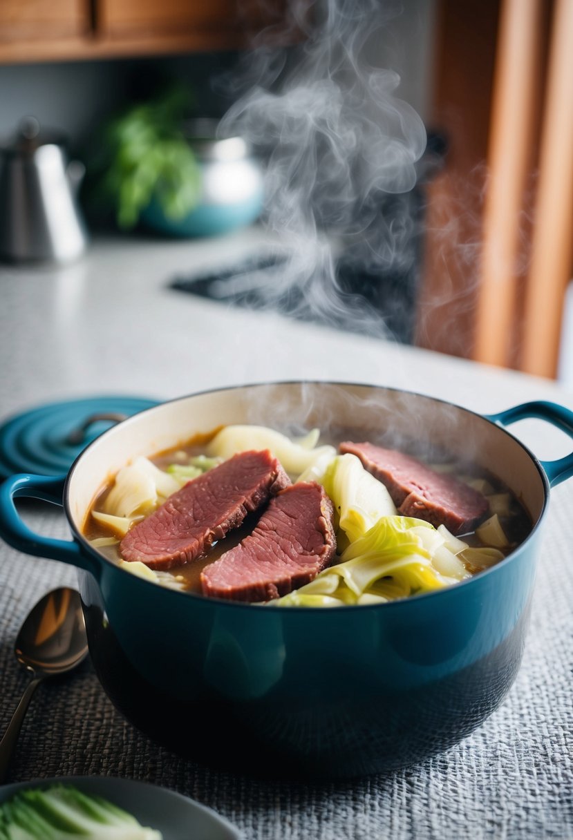 A steaming pot of corned beef and cabbage on a kitchen table