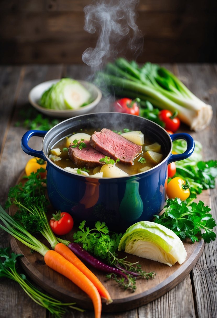 A steaming pot of corned beef and cabbage surrounded by colorful vegetables and herbs on a rustic wooden table