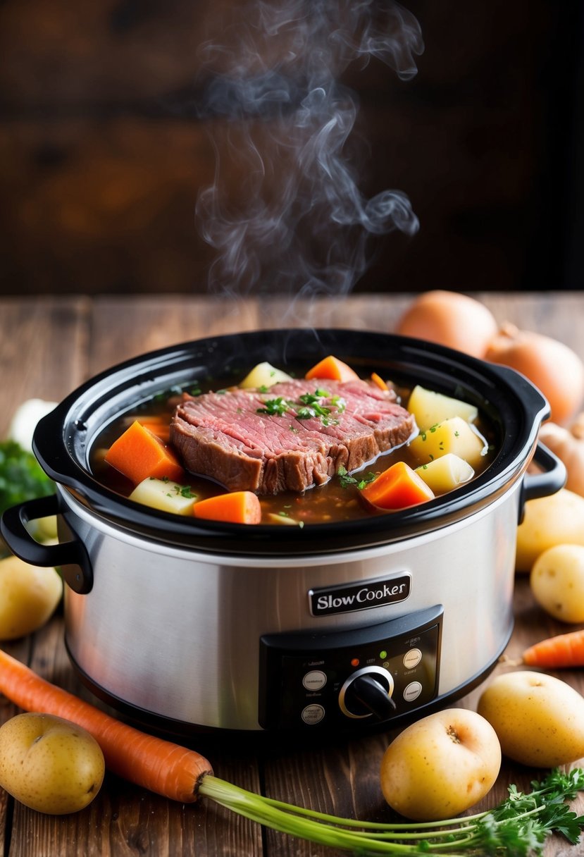 A slow cooker filled with simmering corned beef, surrounded by potatoes, carrots, and onions, emitting a savory aroma