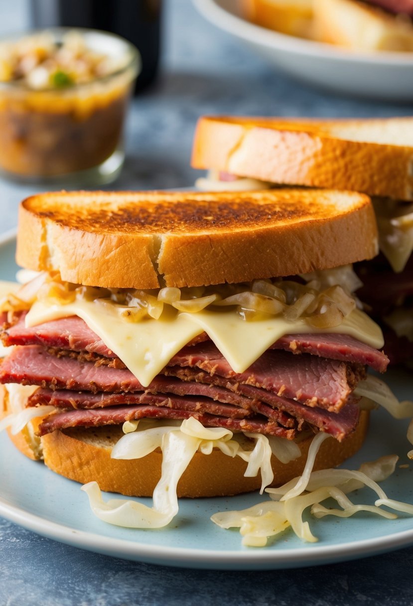 A sizzling hot corned beef Reuben sandwich with melted cheese, sauerkraut, and Russian dressing on toasted rye bread