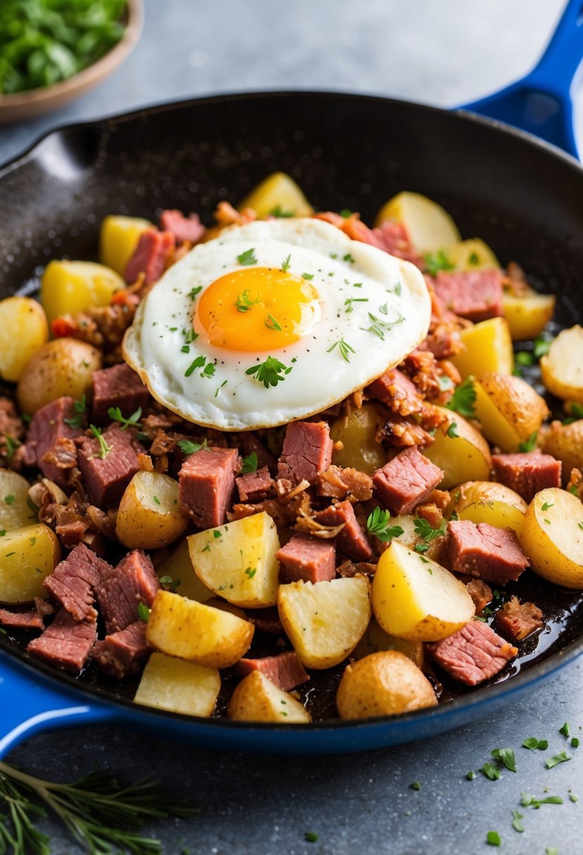 A sizzling skillet of corned beef hash with crispy potatoes and chunks of tender corned beef, topped with a fried egg and garnished with fresh herbs