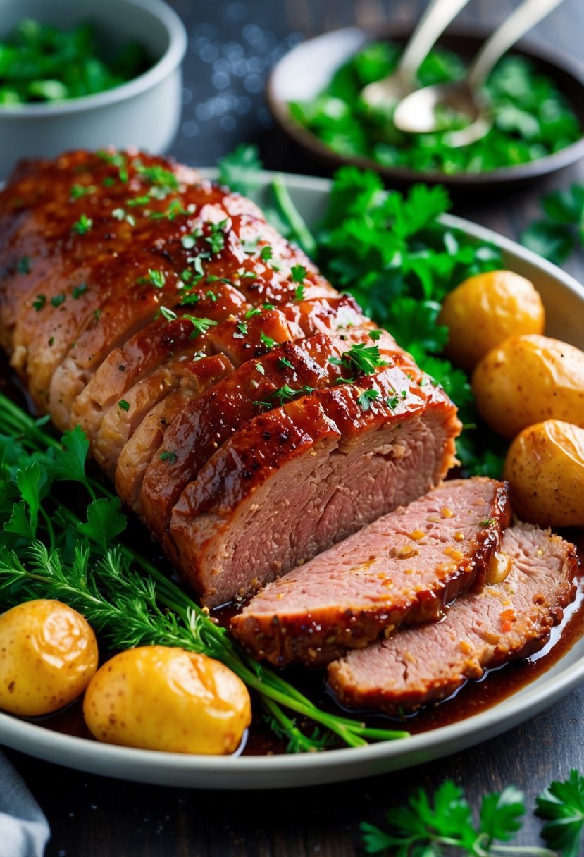 A sizzling corned beef brisket, glistening with a sticky glaze, surrounded by vibrant green herbs and golden roasted potatoes