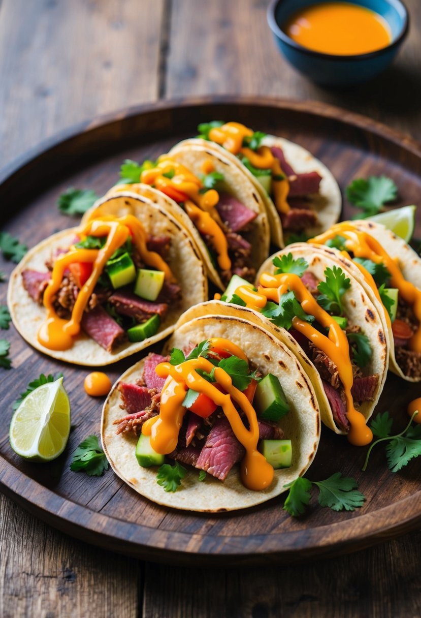 A colorful array of corned beef tacos, topped with fresh vegetables and drizzled with savory sauce, arranged on a rustic wooden serving platter