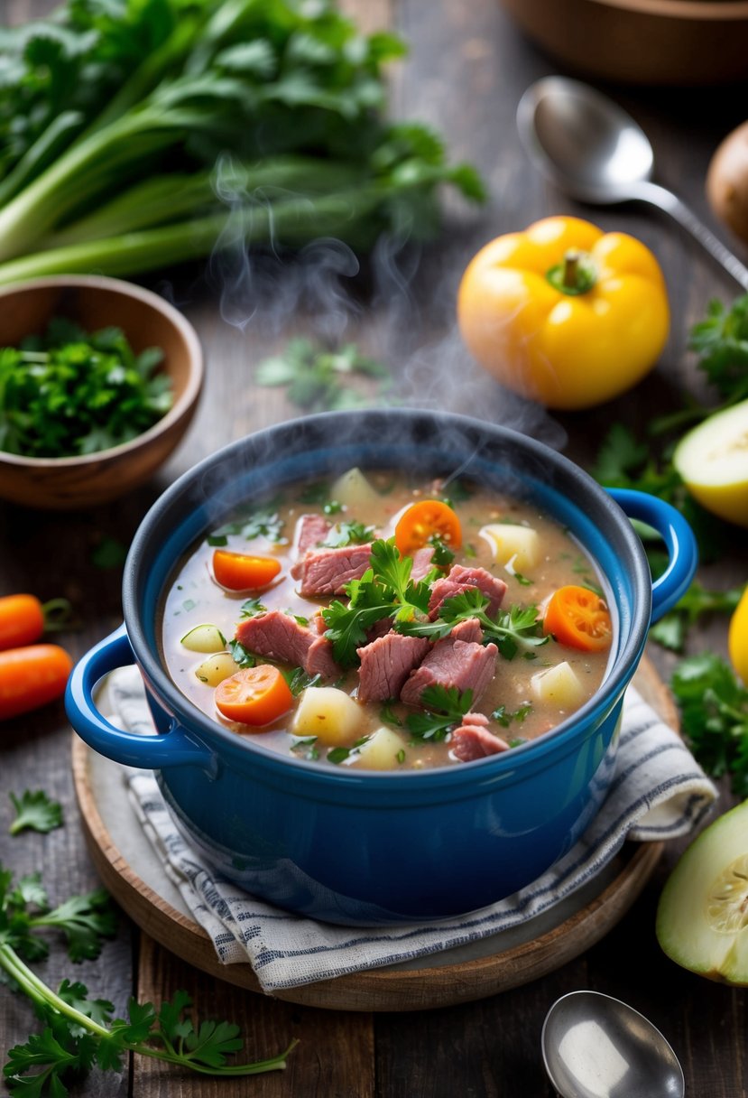 A steaming pot of corned beef chowder surrounded by fresh vegetables and herbs on a rustic wooden table