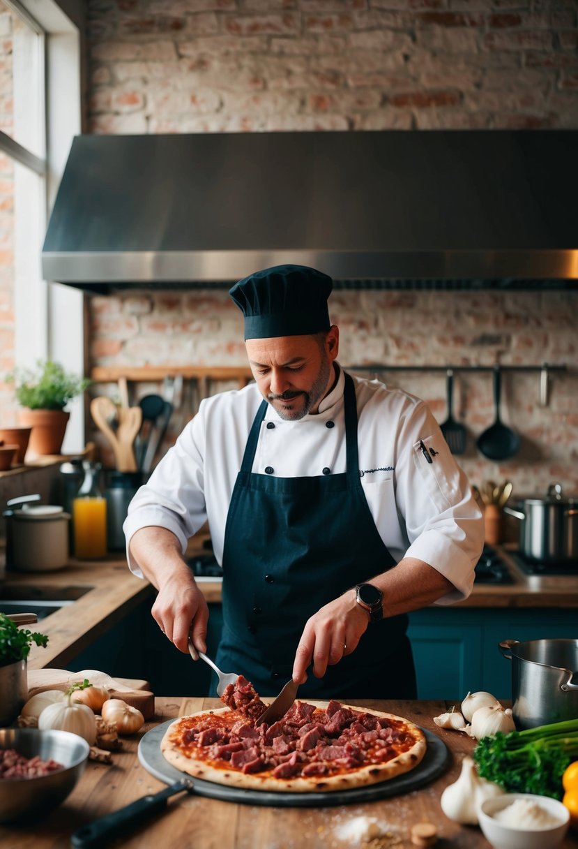 A rustic kitchen scene with a chef preparing a corned beef pizza, surrounded by ingredients and cooking utensils