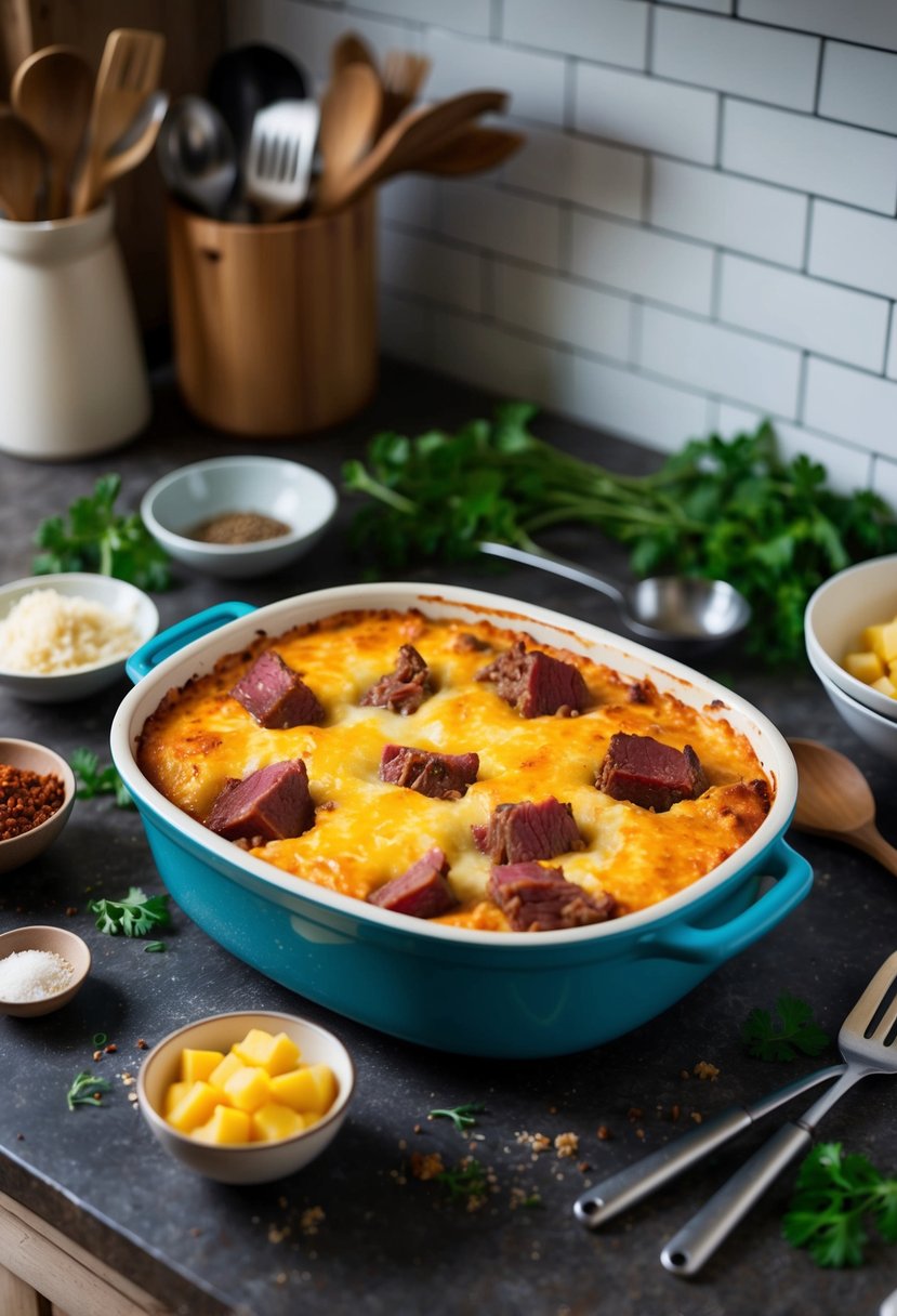 A rustic kitchen counter with a bubbling casserole dish of corned beef and potato bake, surrounded by scattered ingredients and cooking utensils