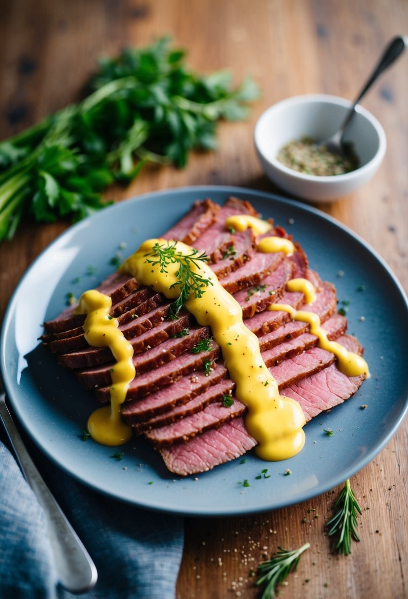 A platter of sliced corned beef drizzled with mustard sauce, garnished with herbs and spices