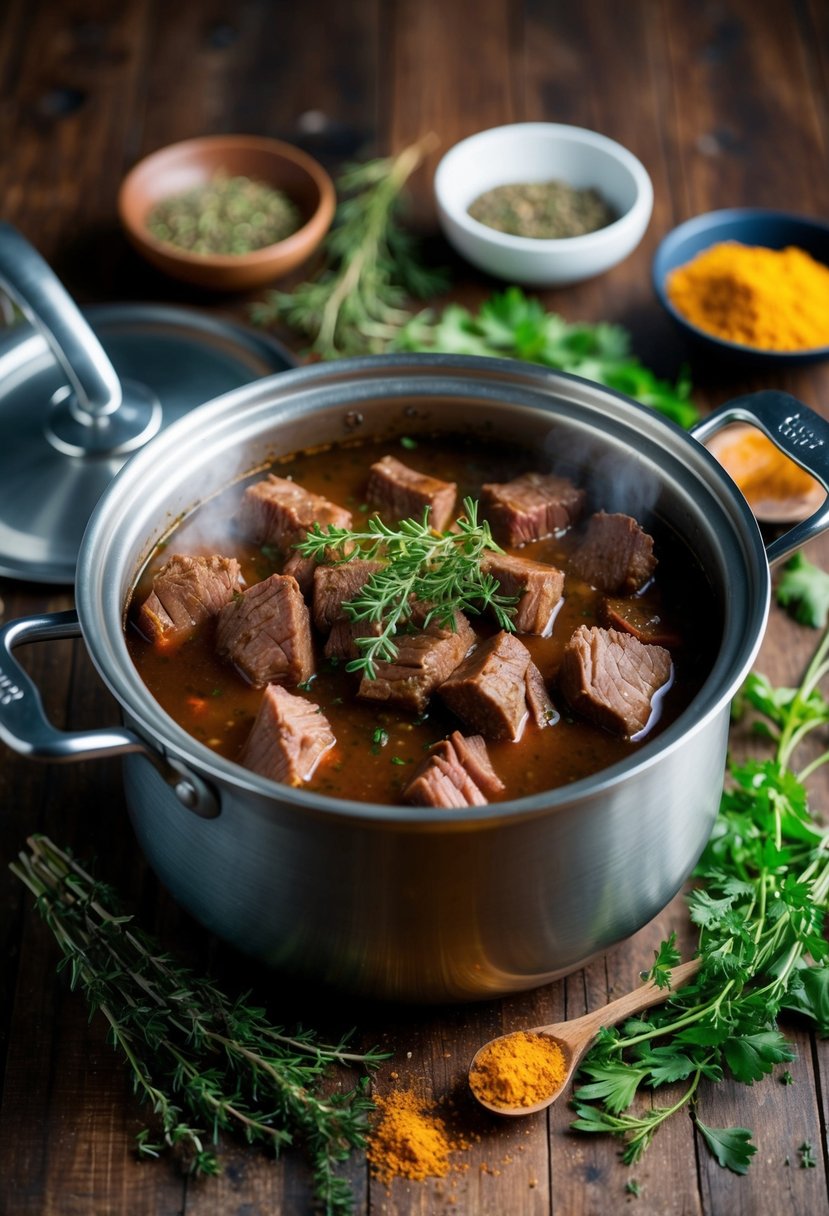 A pot simmering with tender beef brisket, surrounded by aromatic herbs and spices