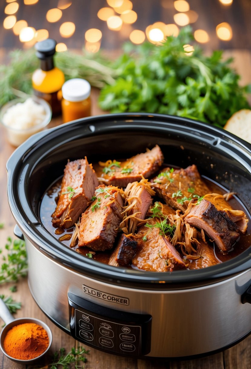 A slow cooker filled with tender BBQ brisket, surrounded by aromatic herbs and spices