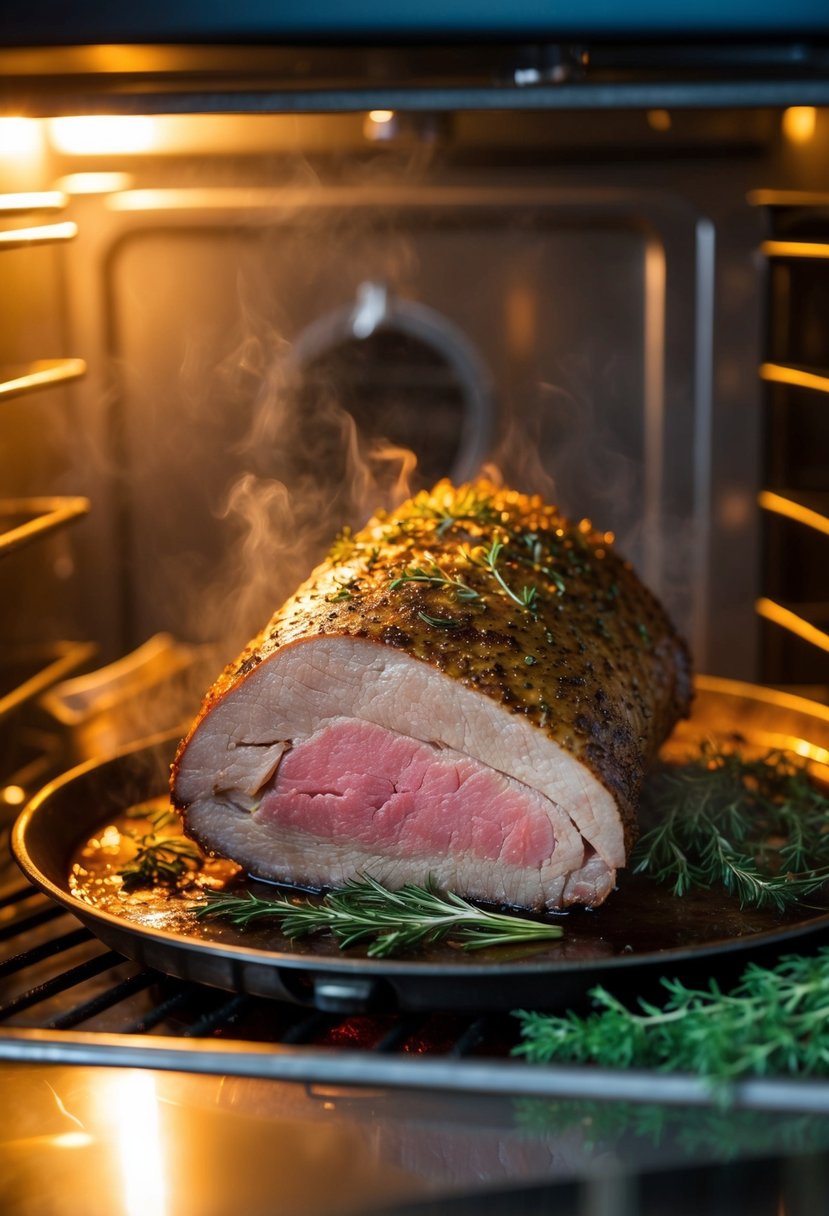 A succulent beef brisket roasting in a sizzling oven, surrounded by aromatic herbs and spices