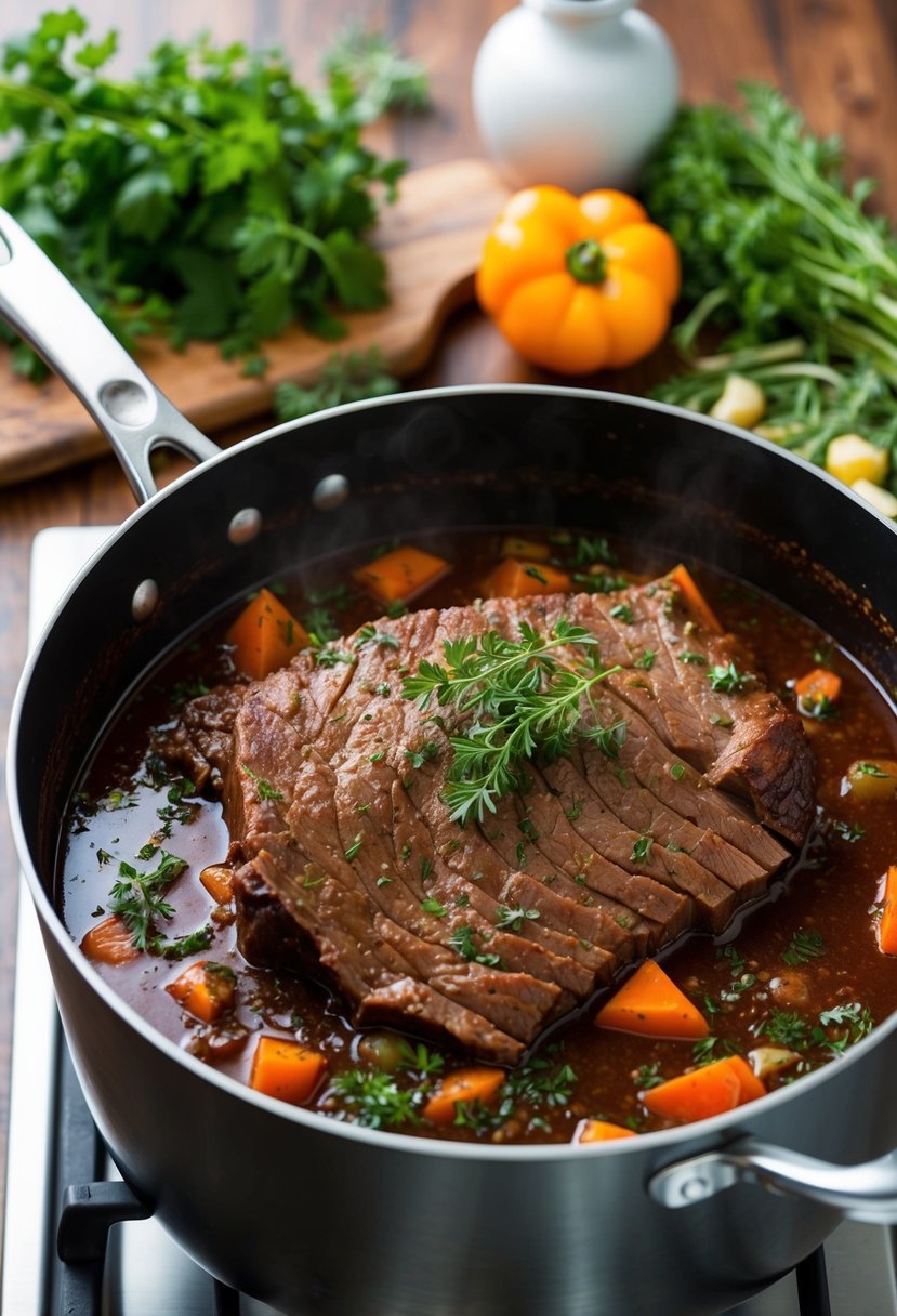 A large pot simmering on a stove, filled with braised beef brisket in a rich red wine sauce, surrounded by aromatic herbs and vegetables