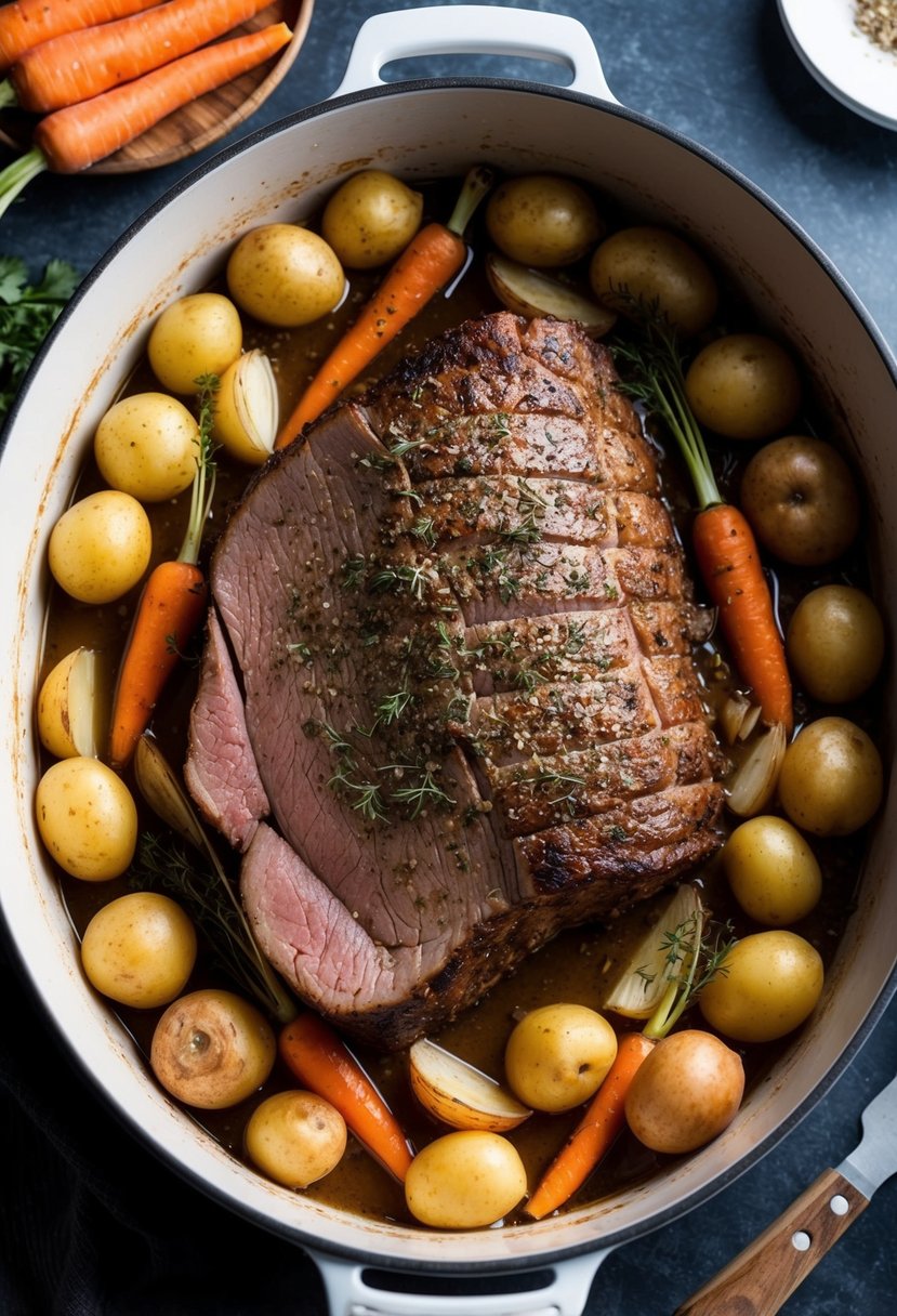 A large beef brisket roasting in a Dutch oven surrounded by potatoes, carrots, and onions, with savory herbs and spices sprinkled on top