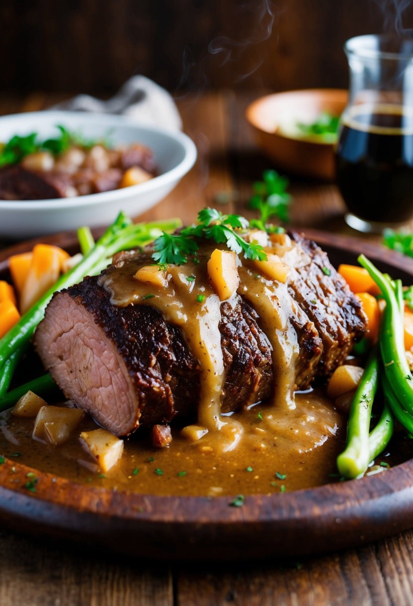 A sizzling beef brisket, glistening with rich onion gravy, surrounded by steaming vegetables on a rustic wooden platter