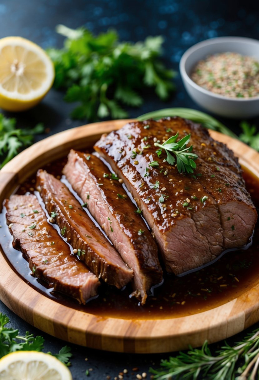 A beef brisket marinating in a mixture of lemon and soy sauce, surrounded by fresh herbs and spices