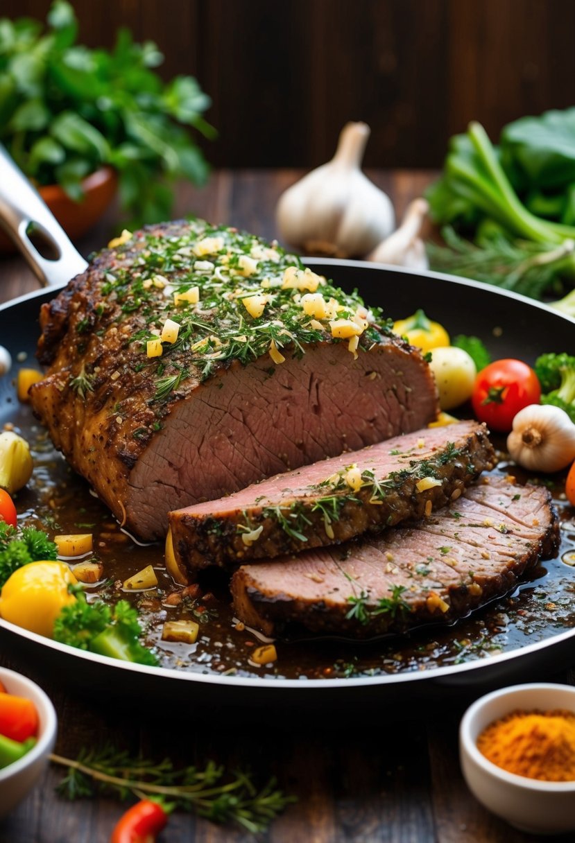 A juicy beef brisket covered in garlic and herbs roasts in a sizzling pan, surrounded by colorful vegetables and aromatic spices