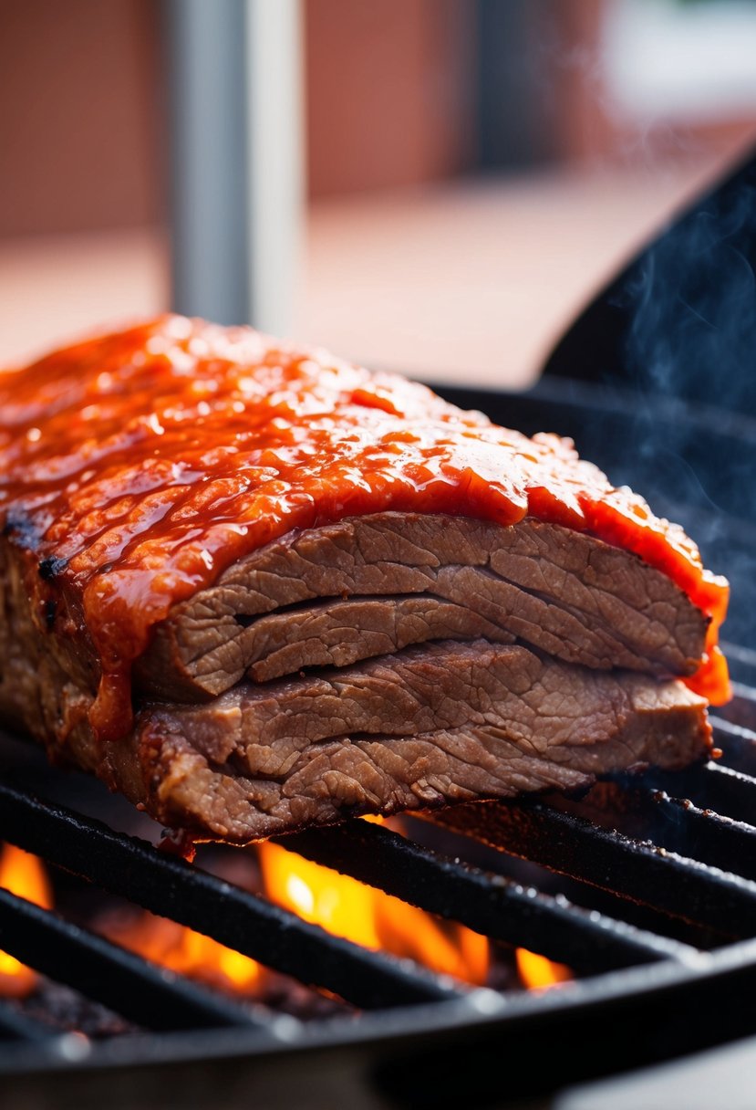 A glistening beef brisket, coated in a rich tomato glaze, sizzling on a hot grill