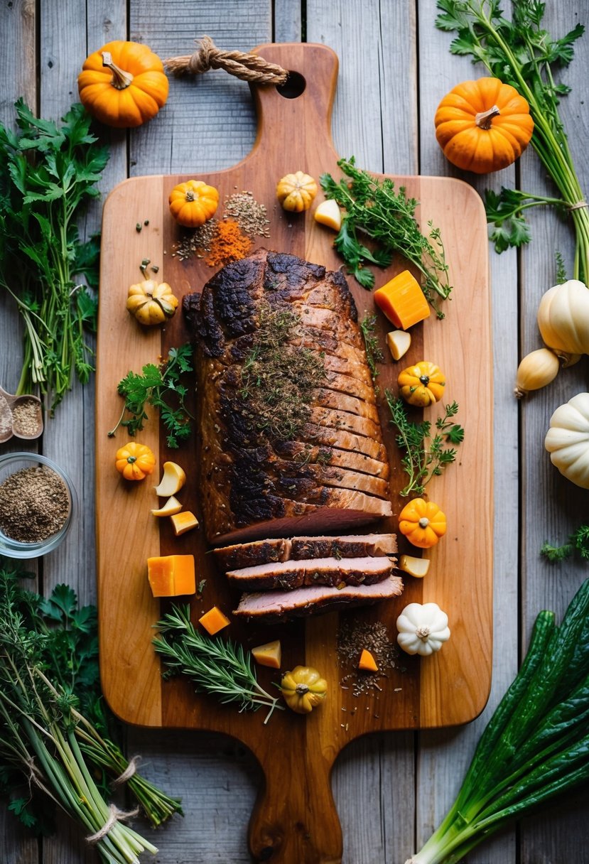 A rustic wooden cutting board with a slow-cooked, tender brisket surrounded by herbs, spices, and fall vegetables