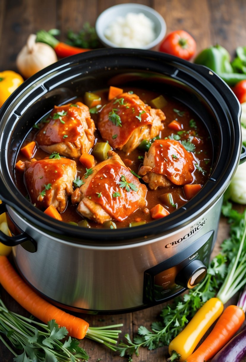 A crockpot filled with tender, saucy BBQ chicken, surrounded by colorful vegetables and herbs