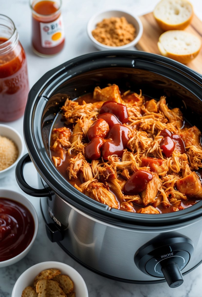 A crockpot filled with sweet BBQ pulled chicken, surrounded by ingredients like ketchup, brown sugar, and spices, with a tantalizing aroma filling the kitchen