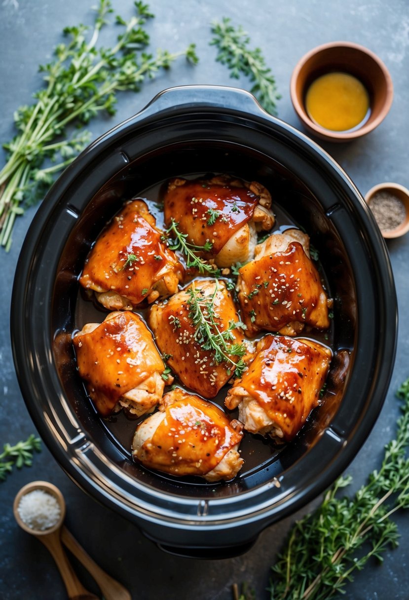 A crockpot filled with tender honey BBQ chicken, surrounded by fresh herbs and spices, emitting a mouthwatering aroma