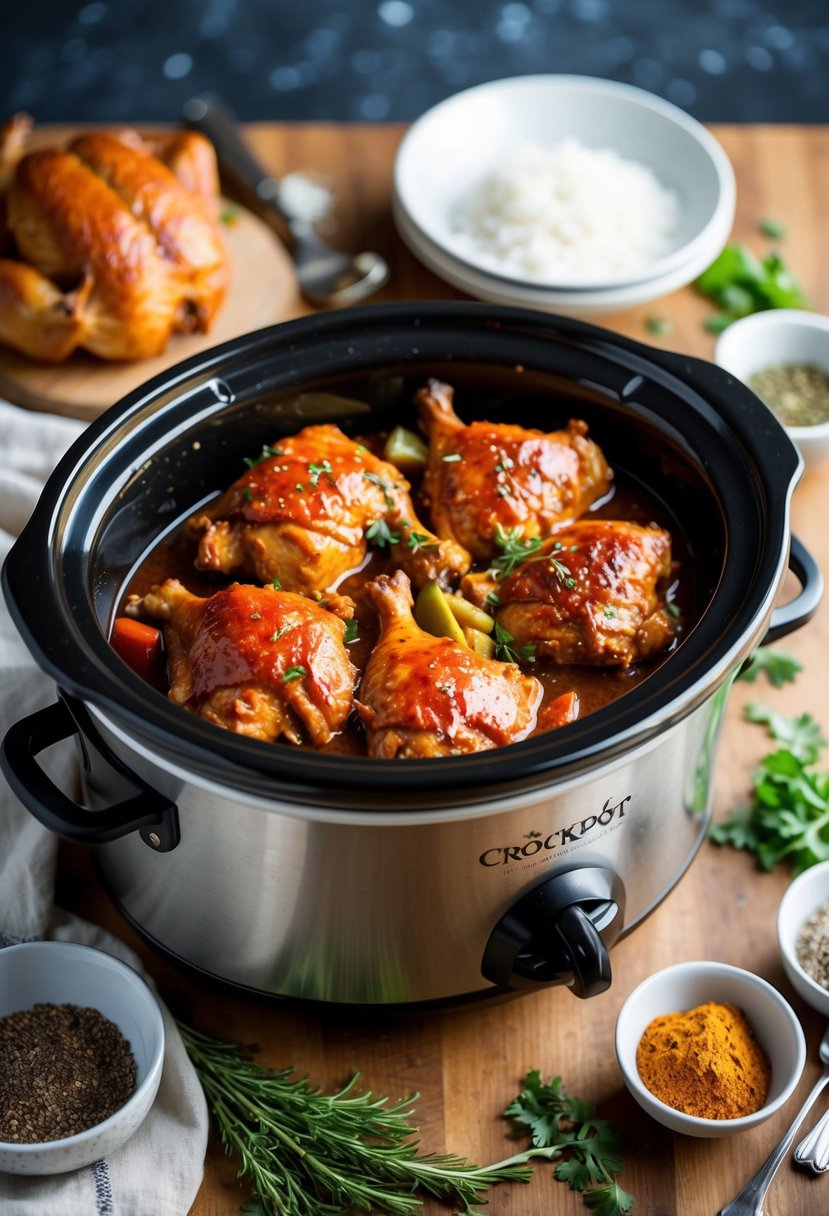 A crockpot filled with zesty Italian BBQ chicken, surrounded by fresh herbs and spices