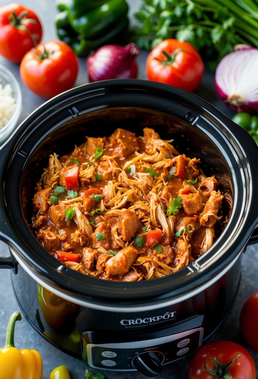 A crockpot filled with spicy chipotle BBQ shredded chicken, surrounded by ingredients like tomatoes, onions, and peppers