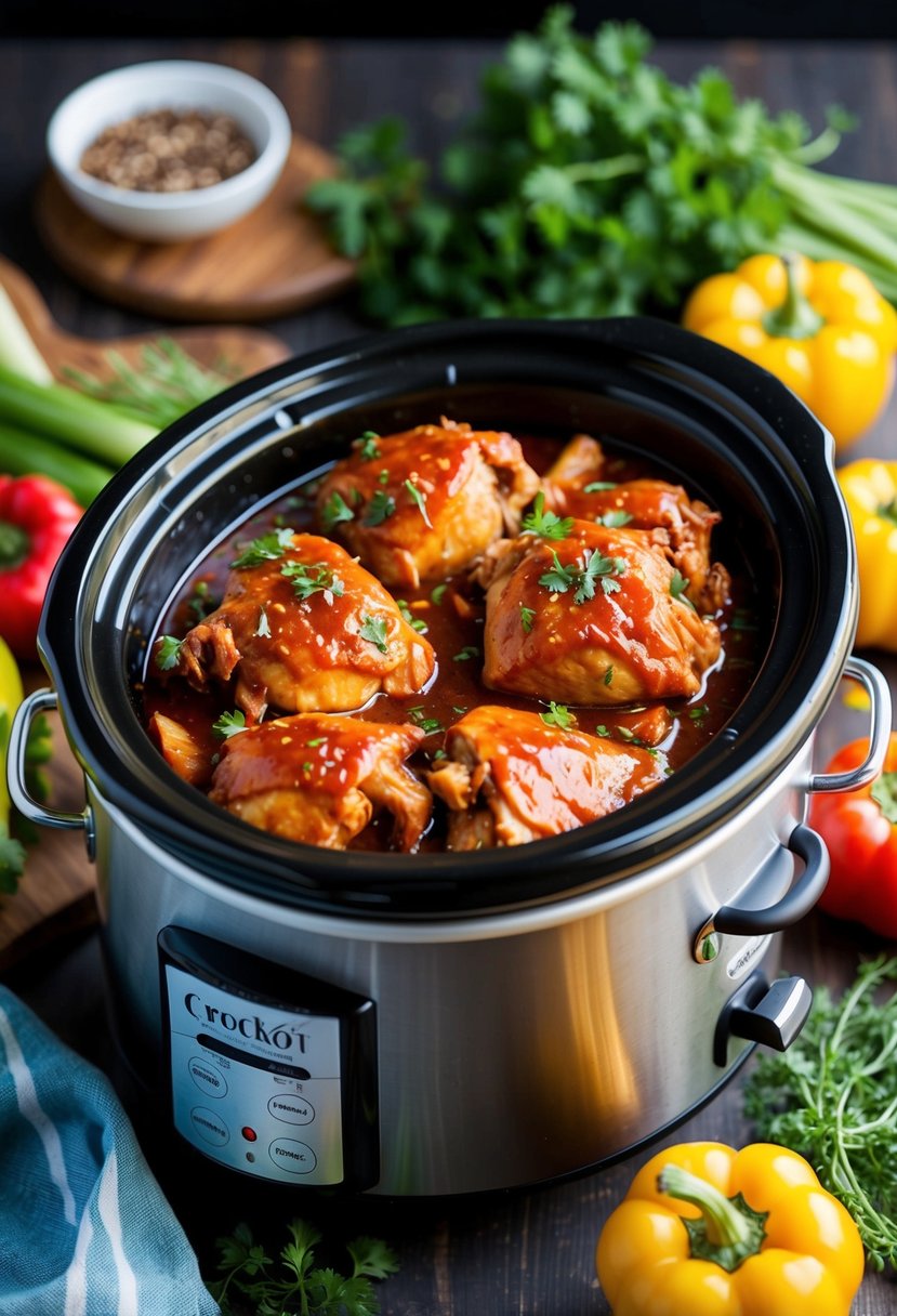 A crockpot filled with sweet and tangy BBQ chicken, surrounded by colorful vegetables and herbs