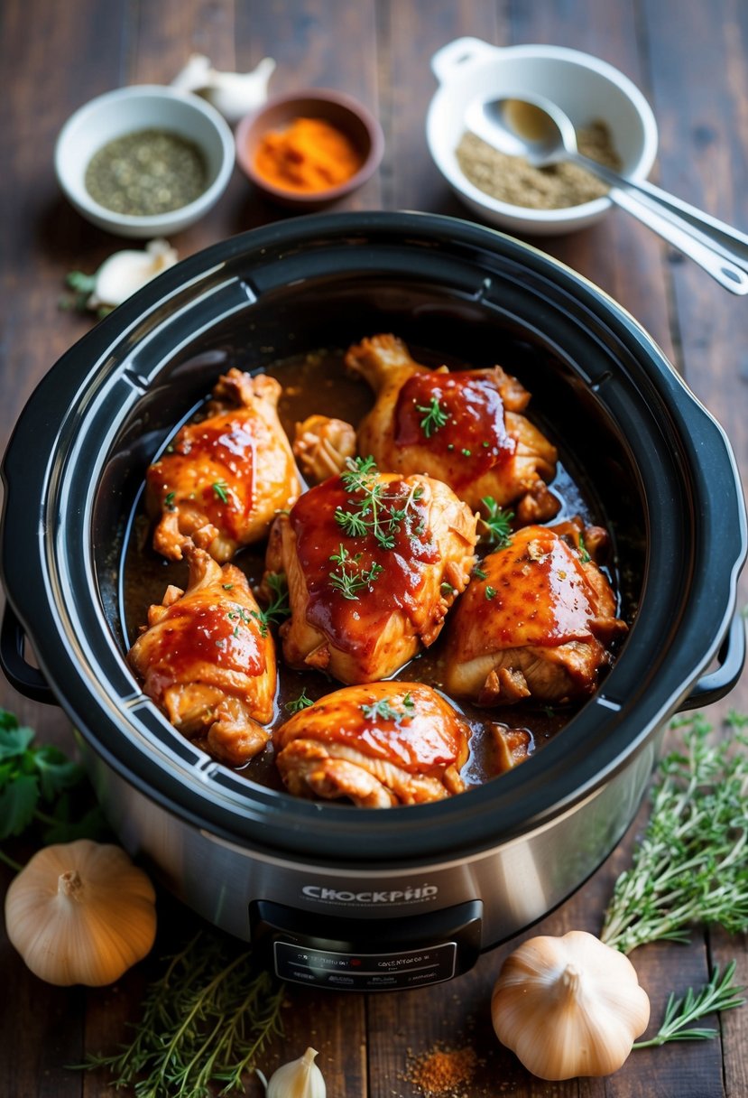 A crockpot filled with succulent Garlic Brown Sugar BBQ Chicken, surrounded by aromatic herbs and spices