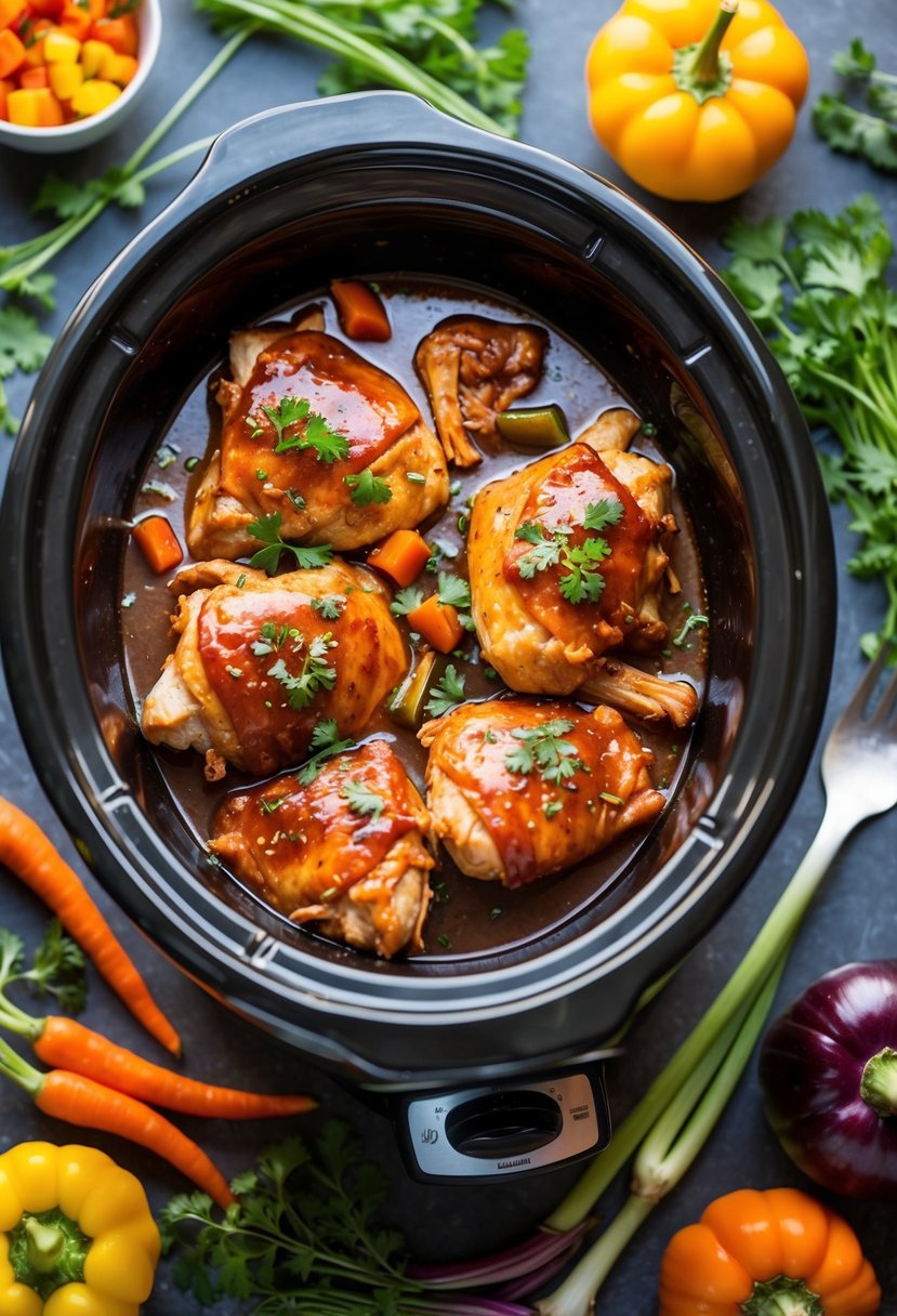 A slow cooker filled with tender, saucy BBQ chicken surrounded by colorful vegetables and herbs