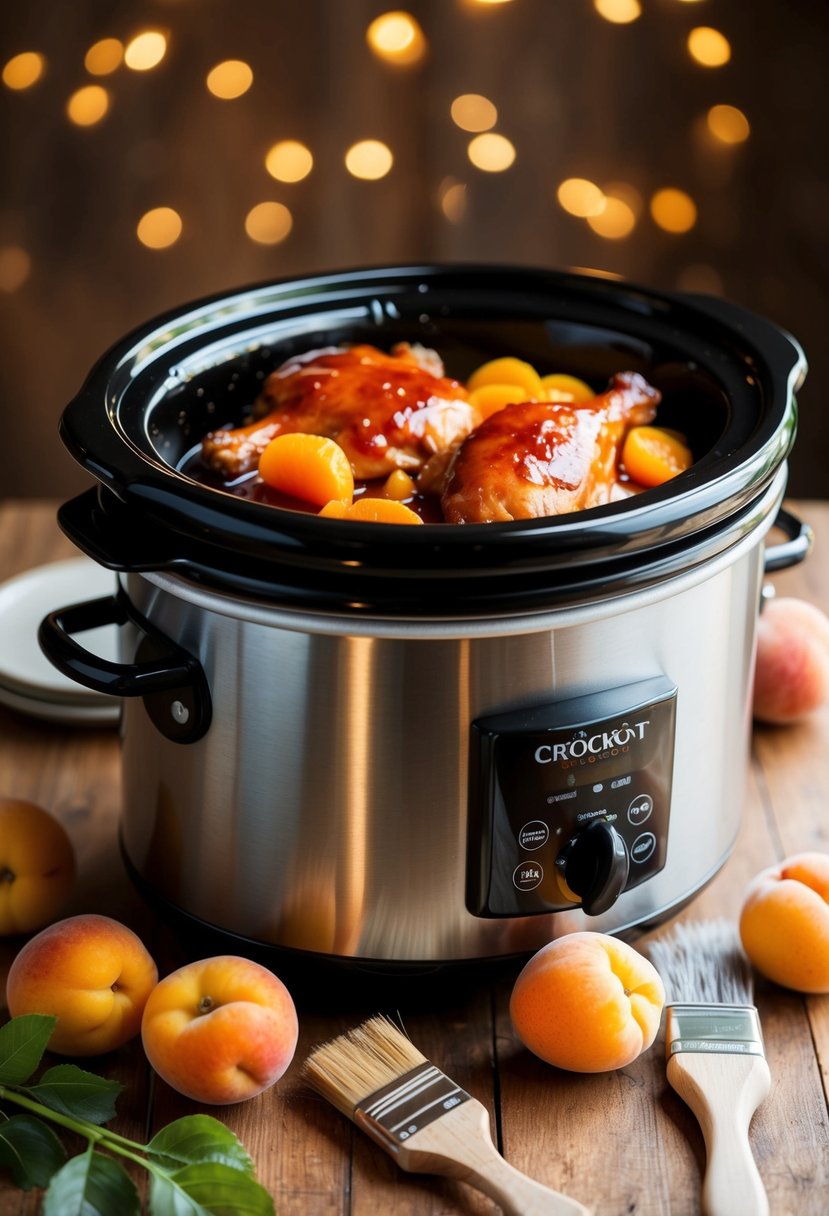 A crockpot filled with apricot BBQ glazed chicken, surrounded by fresh apricots and a brush for glazing