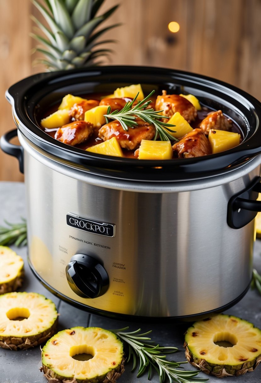 A crockpot filled with pineapple BBQ chicken, surrounded by fresh pineapple slices and sprigs of rosemary