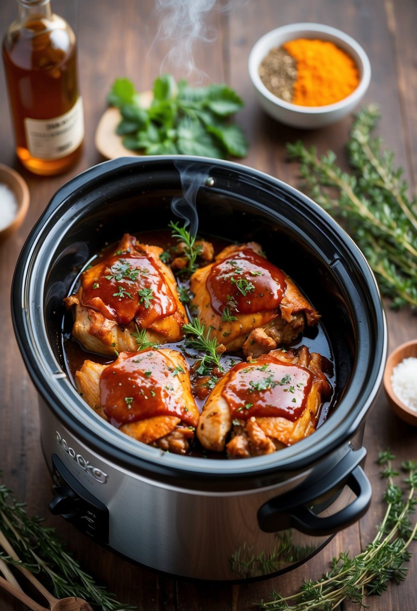 A crockpot filled with succulent balsamic BBQ chicken, surrounded by fresh herbs and spices, emitting a mouthwatering aroma