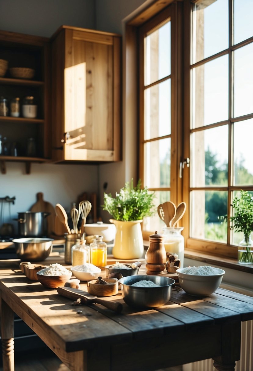 A rustic kitchen with vintage baking tools and ingredients arranged artfully on a wooden table. Sunlight streams through a window, casting warm shadows