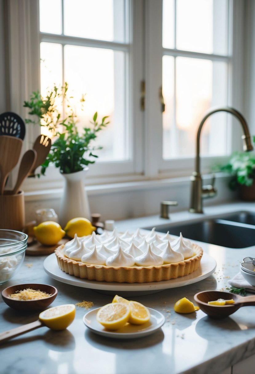 A kitchen counter with a freshly baked lemon meringue tart surrounded by ingredients and utensils, with a soft, natural light filtering in through a window