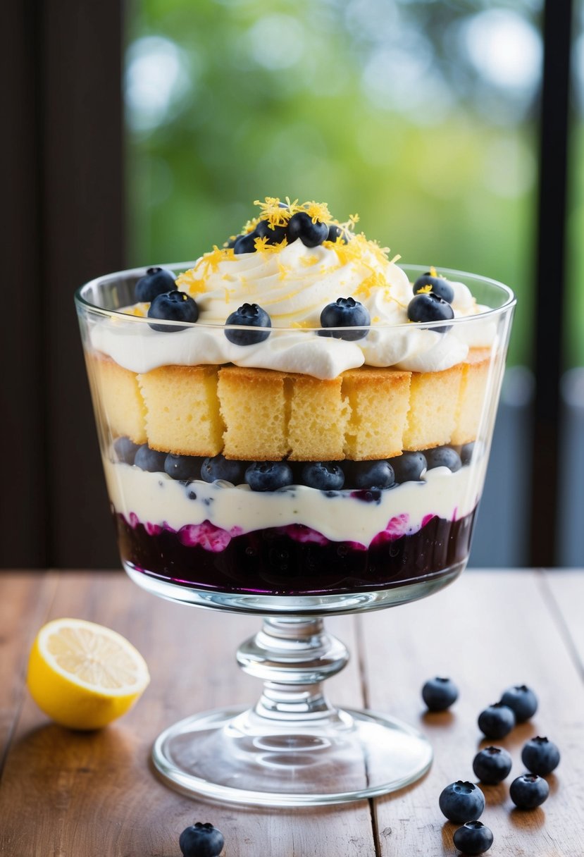 A glass trifle dish filled with layers of lemon sponge cake, blueberry compote, and whipped cream, topped with fresh blueberries and lemon zest