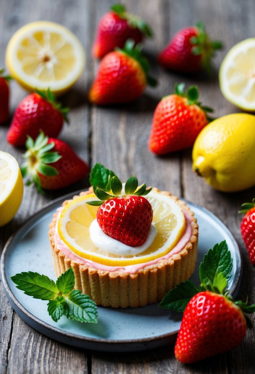 A small, delicate strawberry lemon torte sits on a rustic wooden table, surrounded by fresh strawberries, lemons, and vibrant green mint leaves