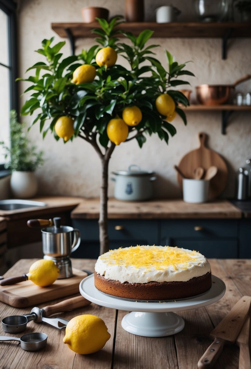 A rustic kitchen with vintage baking tools, a lemon tree, and a freshly baked Italian Lemon Ricotta Cake on a wooden table