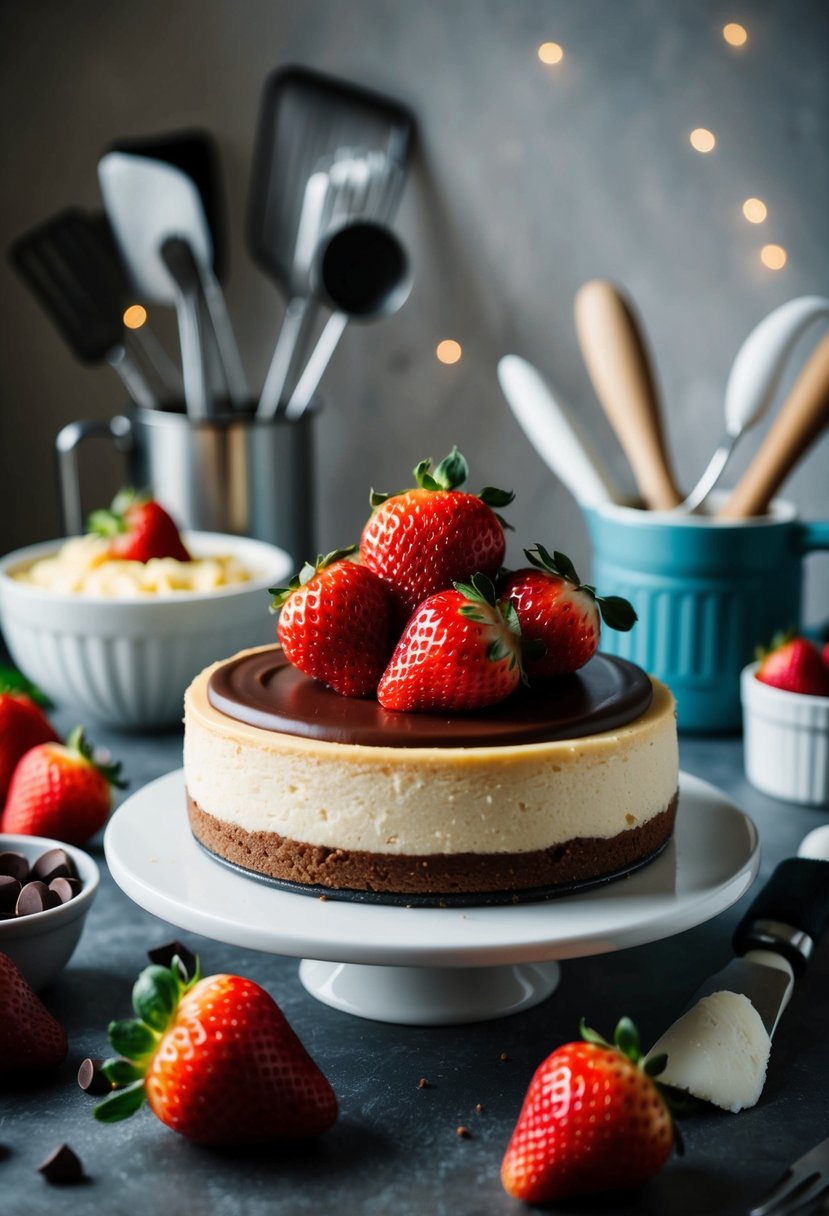 A decadent cheesecake topped with chocolate and fresh strawberries, surrounded by baking ingredients and utensils