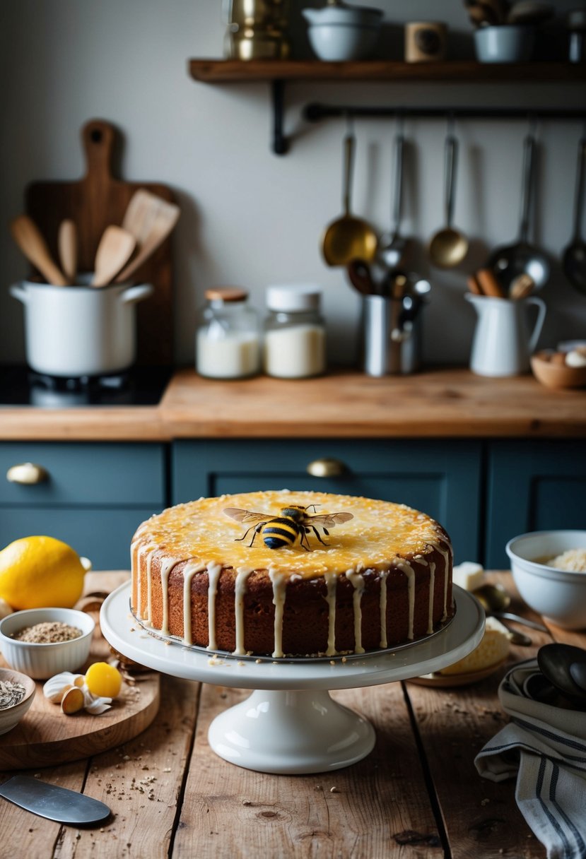 A vintage kitchen with a rustic wooden table holding a freshly baked German Bee Sting Cake, surrounded by ingredients and utensils